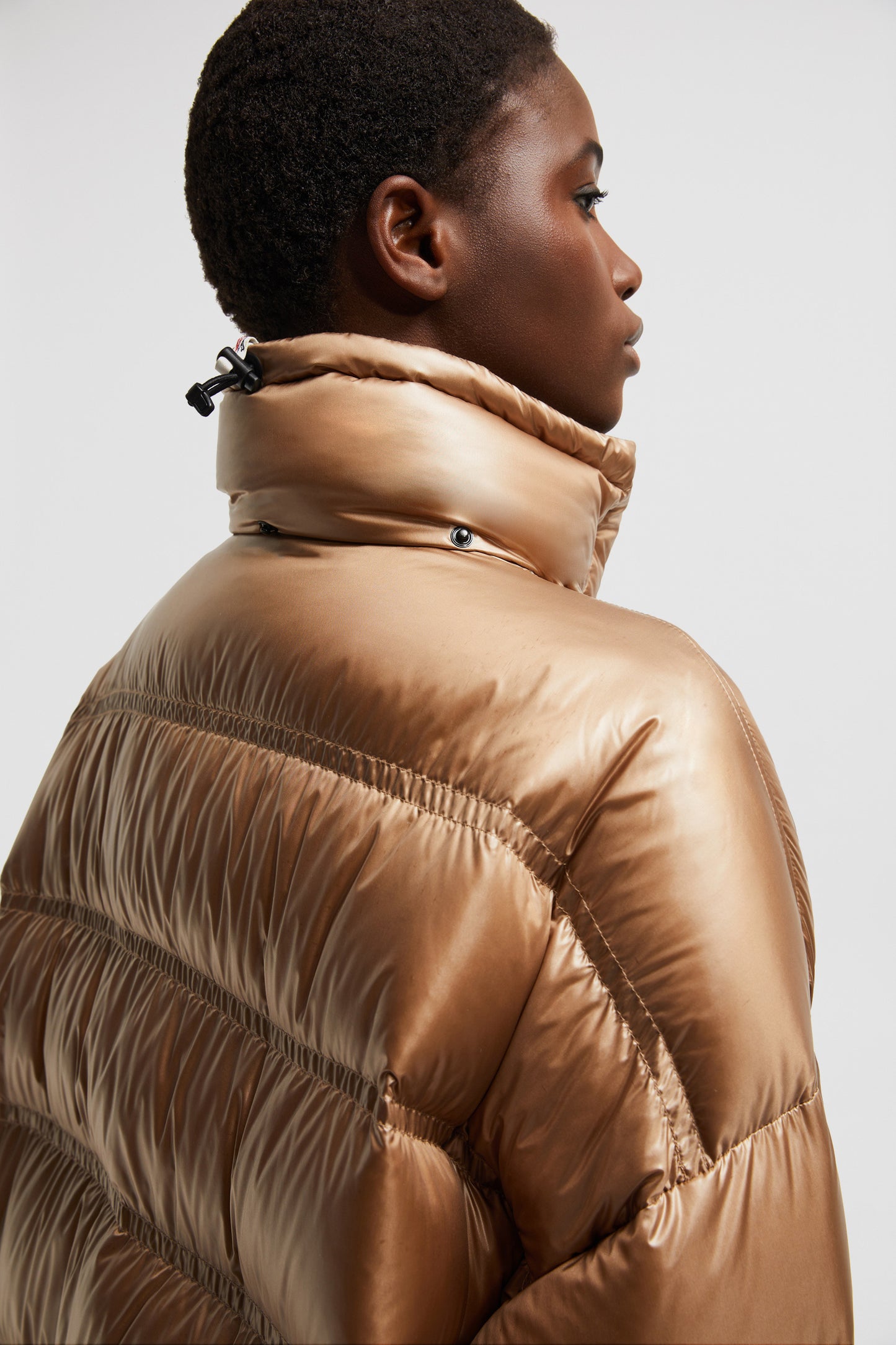 long puffer coat, Moncler Grenoble, high-neck coat, beige winter coat, women's luxury outerwear