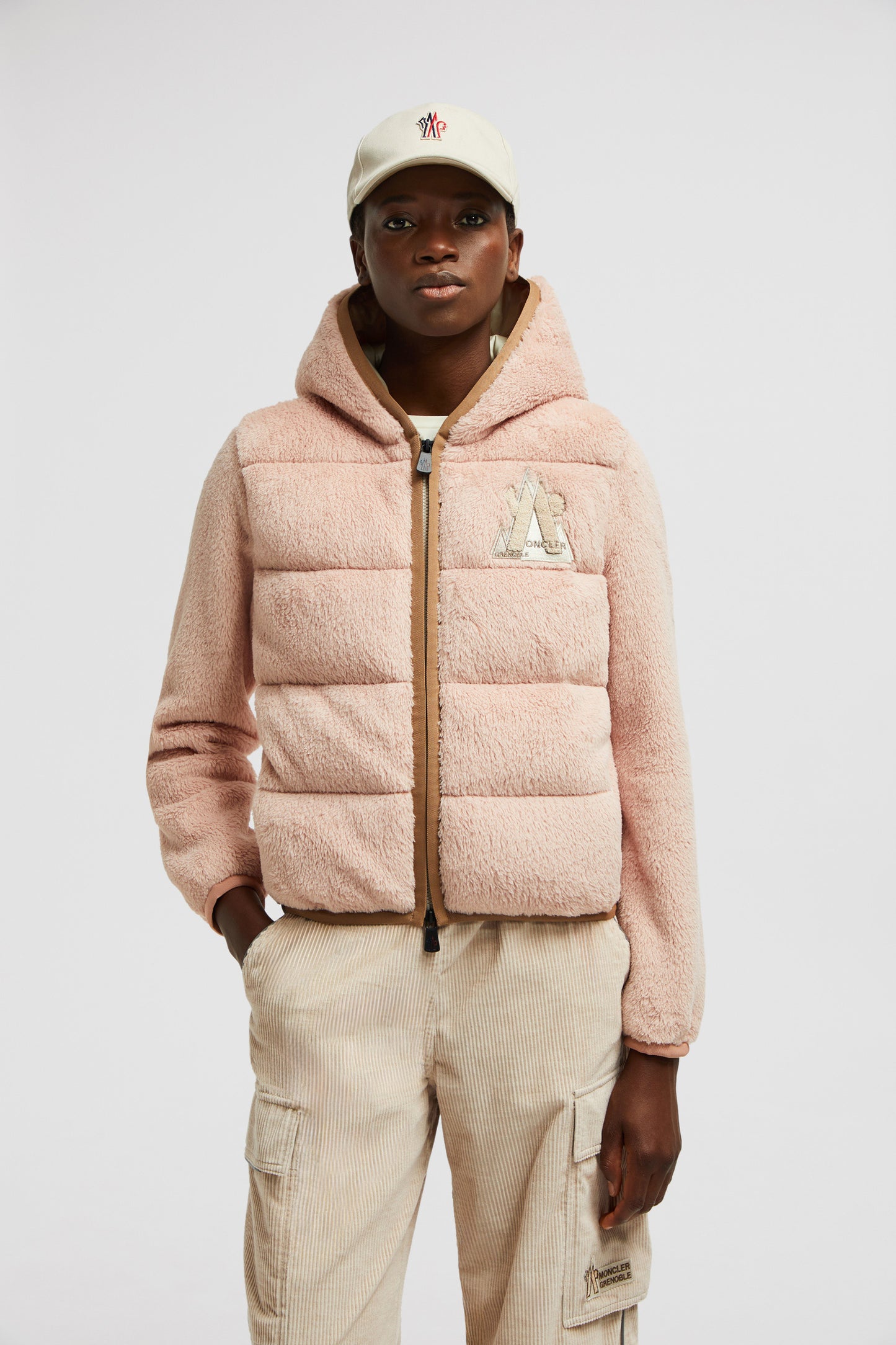 pink fleece jacket, Moncler Grenoble jacket, luxury women's outerwear, bi-material jacket, Autumn-Winter 2024 fashion