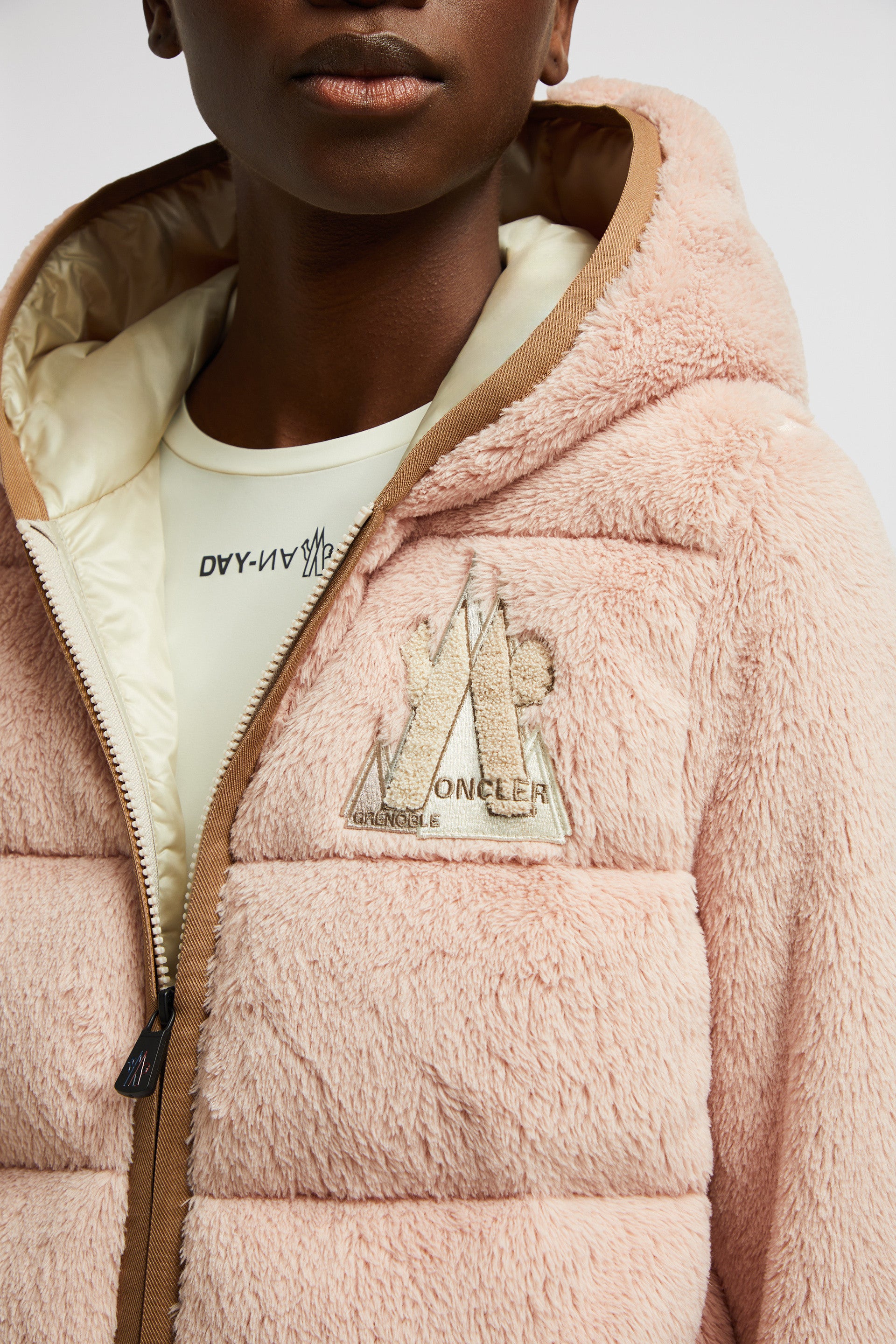 pink fleece jacket, Moncler Grenoble jacket, luxury women's outerwear, bi-material jacket, Autumn-Winter 2024 fashion