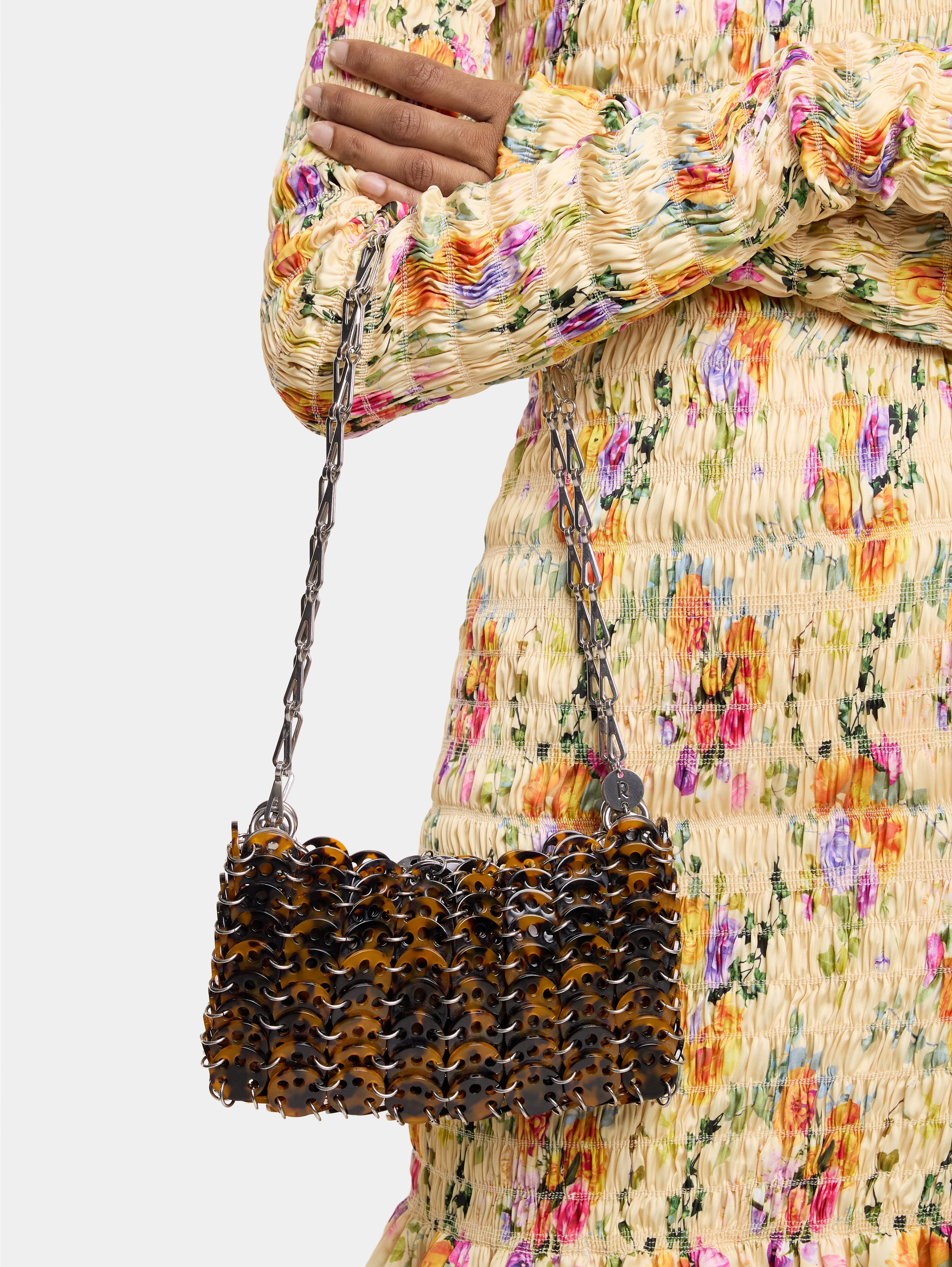 Iconic 1969 bag, tortoise shell print, Rabanne tote, resin and metal bag, Autumn-Winter 2024 collection