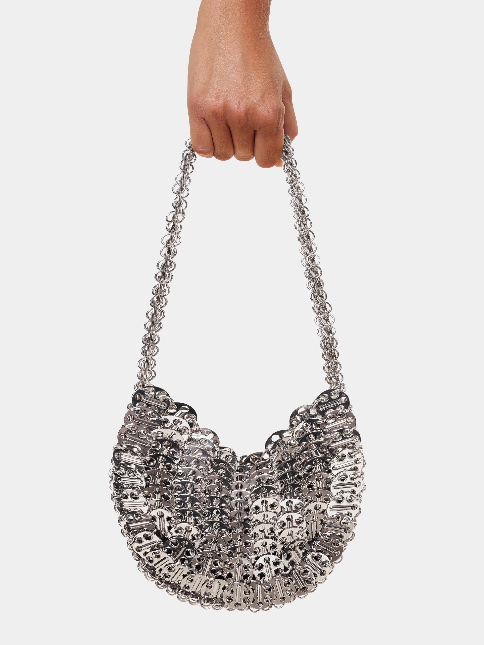 Iconic Moon Bag, Silver Bag, Rabanne Collection, Stylish Shoulder Bag, Fashion Forward Bag