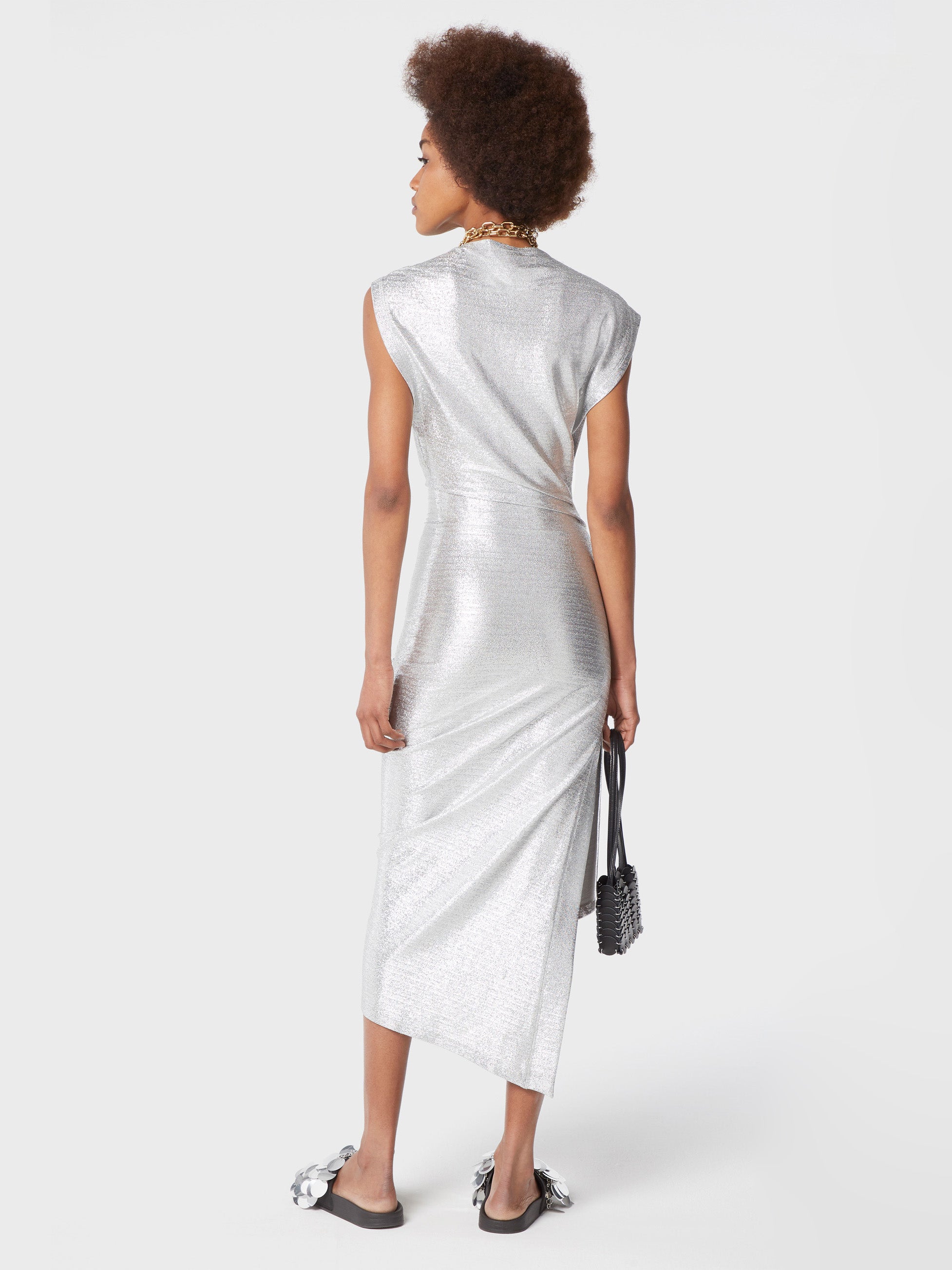 silver Lurex dress, draped dress, Rabanne Autumn-Winter 2024, round neckline dress, short sleeve dress