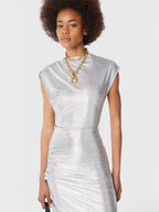 Imagem de Vestido Drapado em Lurex Prateado com Mangas Curtas da Rabanne para Mulheres - Temporada Outono-Inverno 2024 - Vista Detalhe 10