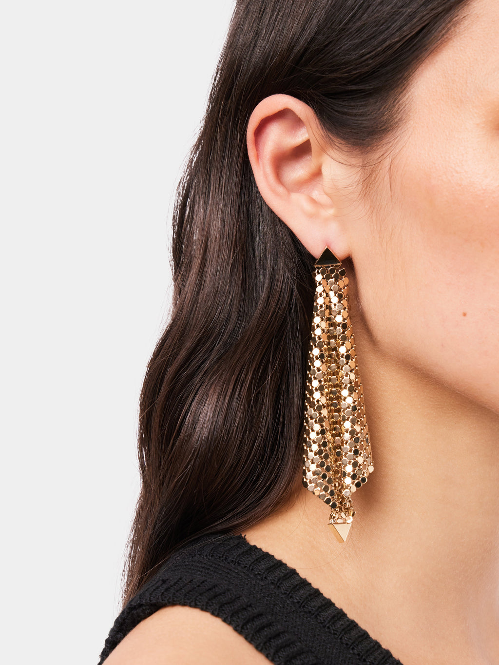 pixel earrings, golden earrings, metallic mesh, Rabanne earrings, contemporary accessories