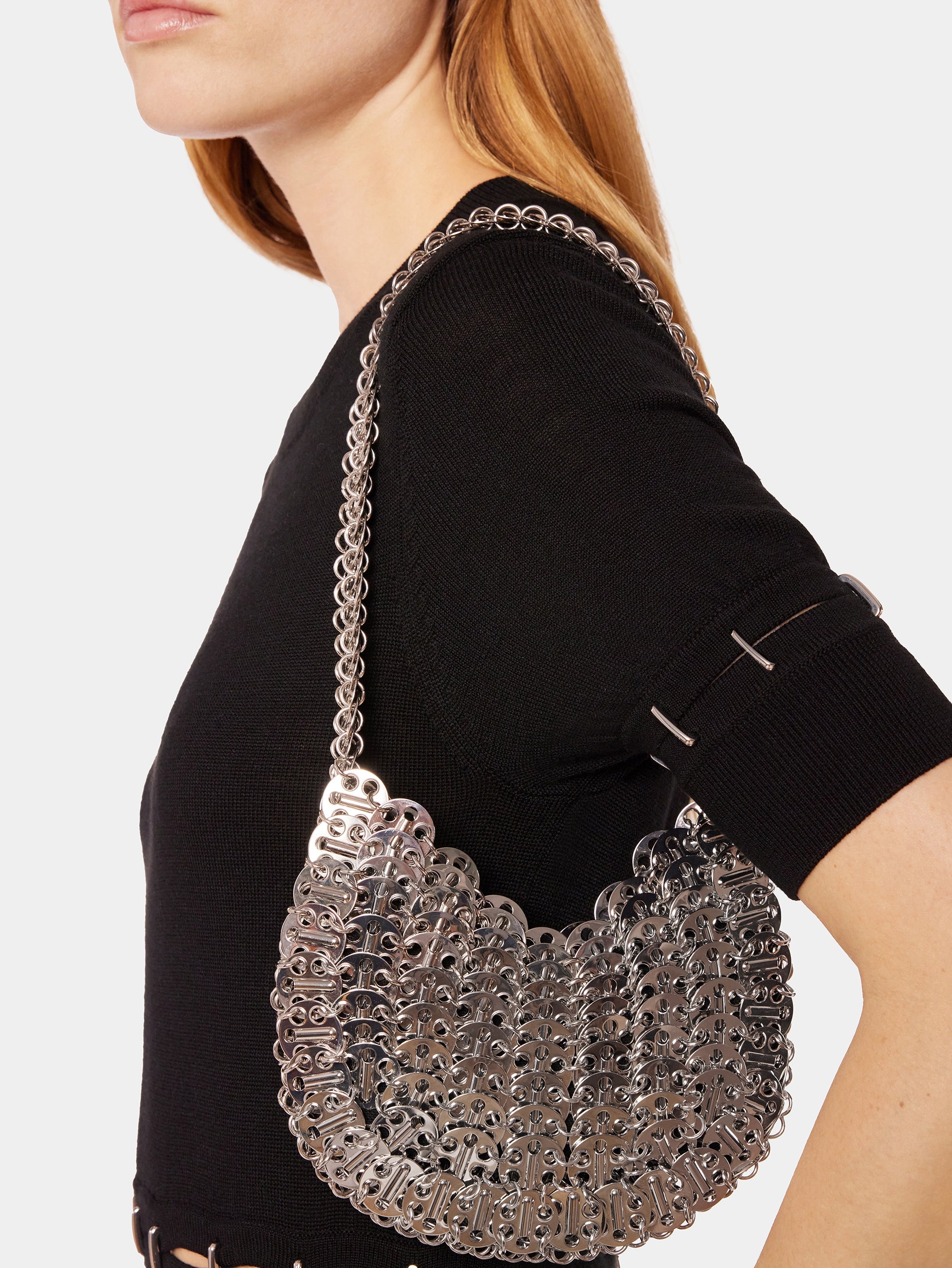 Iconic Moon Bag, Silver Bag, Rabanne Collection, Stylish Shoulder Bag, Fashion Forward Bag