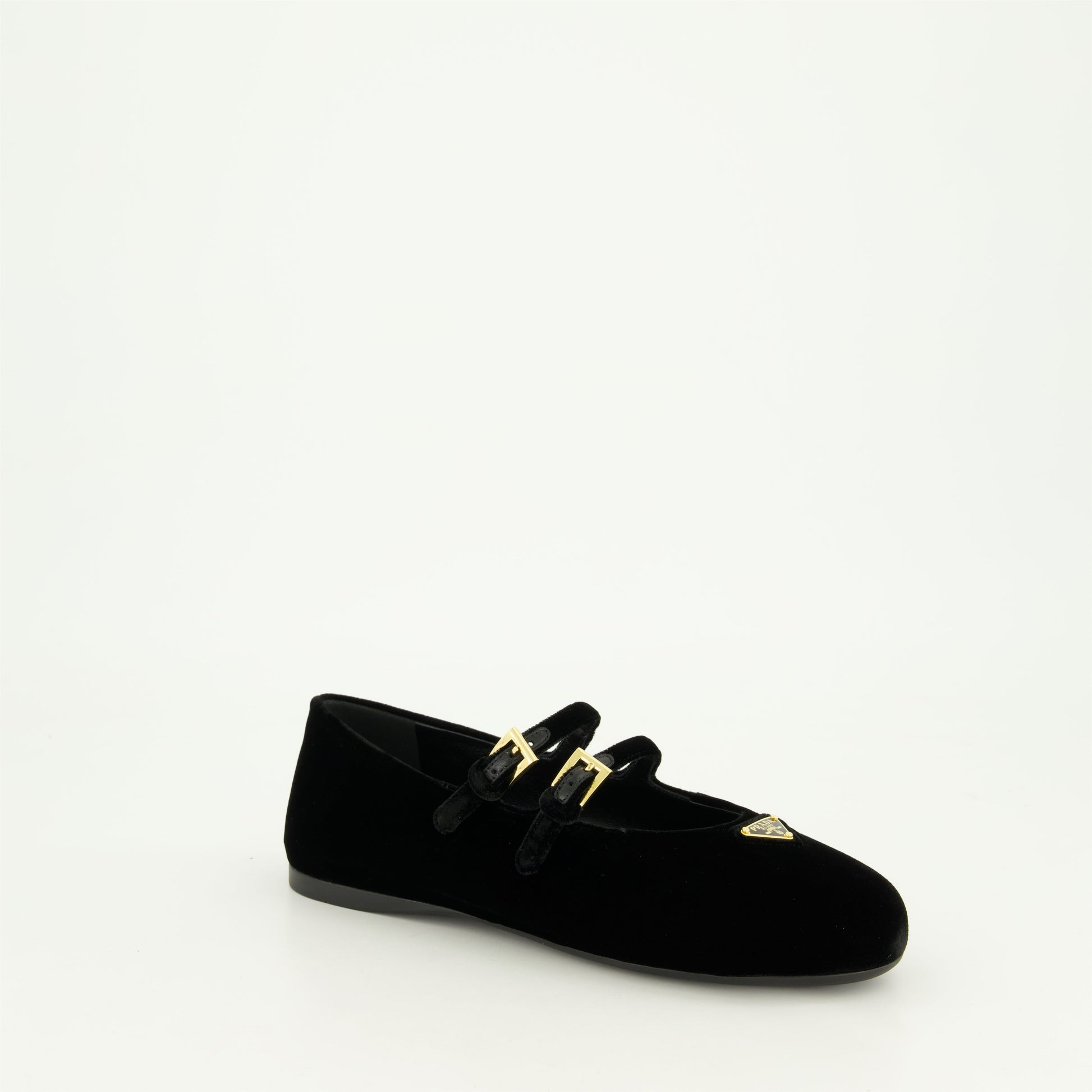 black velvet ballerinas, adjustable straps, metal logo detail, Prada collection, almond toe design