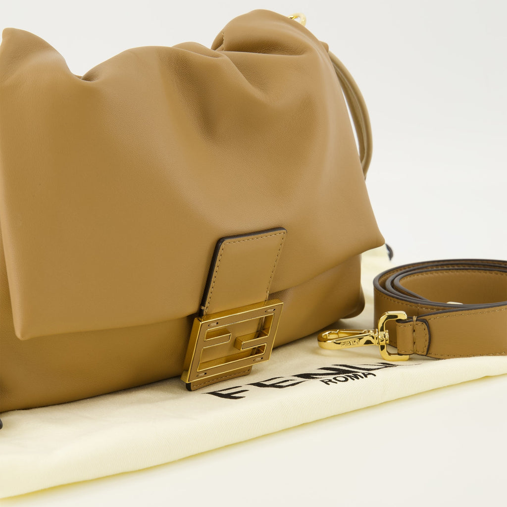 Fendi Mamma Baguette Bag, Medium Beige Bag, Nappa Leather Handbag, Stylish Shoulder Bag, Fashionable Designer Bag
