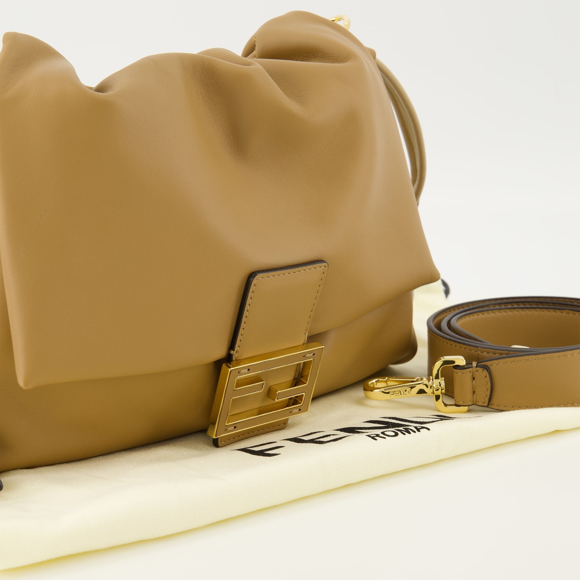 Fendi Mamma Baguette Bag, Medium Beige Bag, Nappa Leather Handbag, Stylish Shoulder Bag, Fashionable Designer Bag