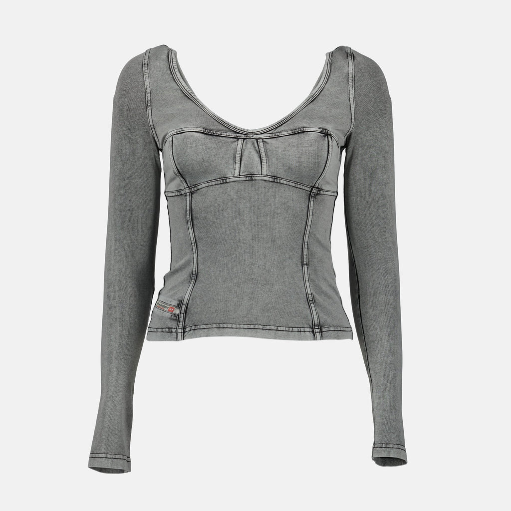 Diesel T-Elin top, denim effect top, slim fit women's top, gray jersey top, chic casual wear