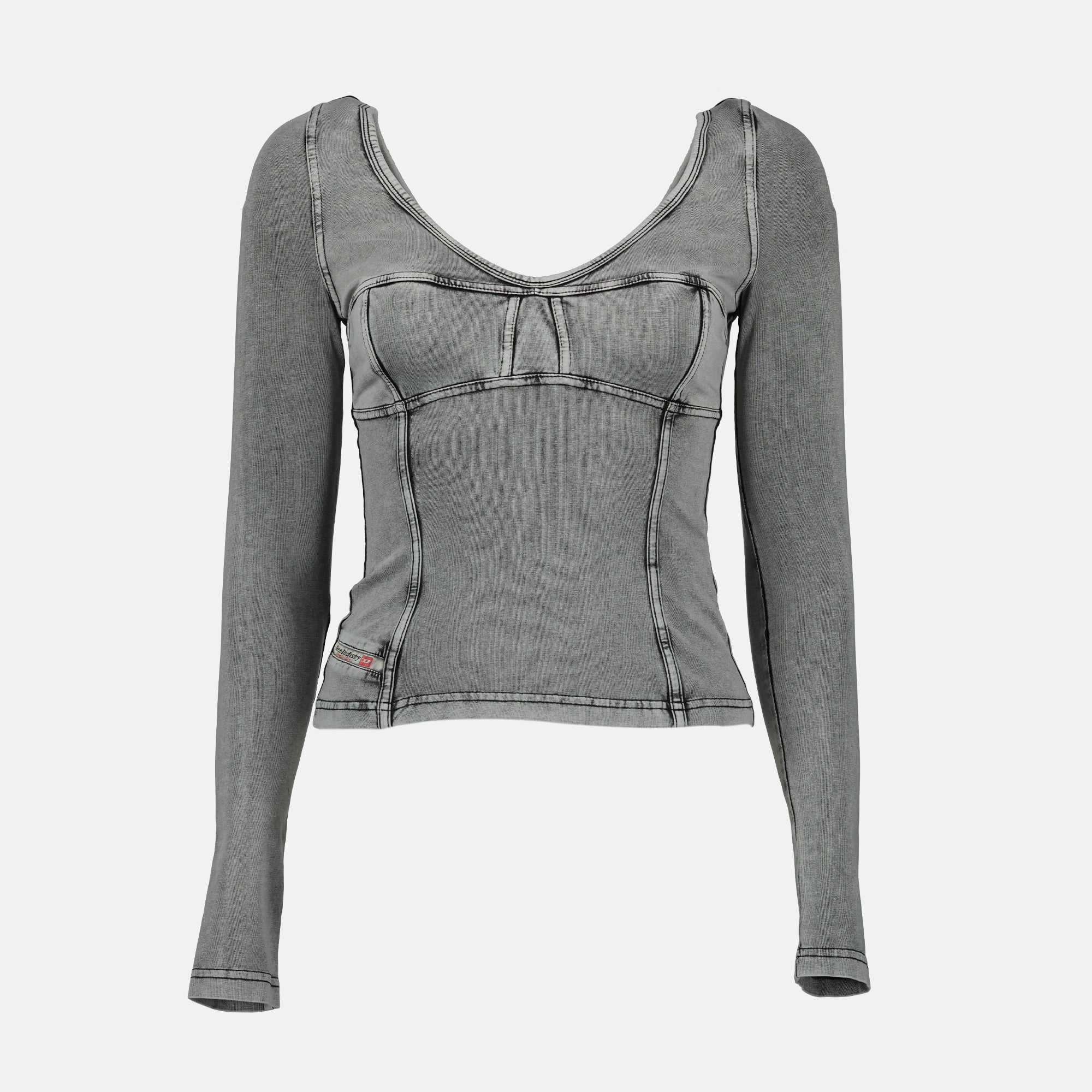Diesel T-Elin top, denim effect top, slim fit women's top, gray jersey top, chic casual wear