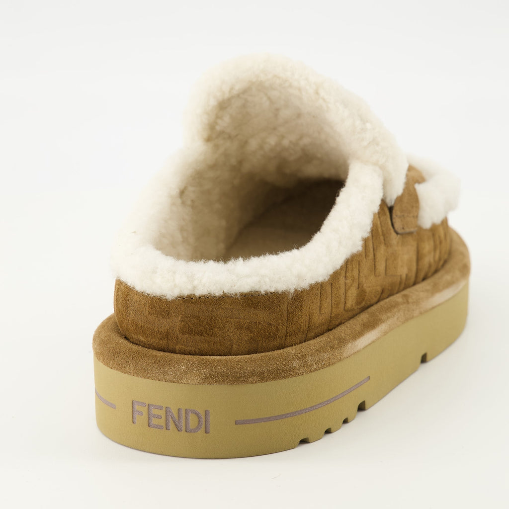 brown clogs, suede footwear, Fendi collection, winter shoes, après-ski clogs