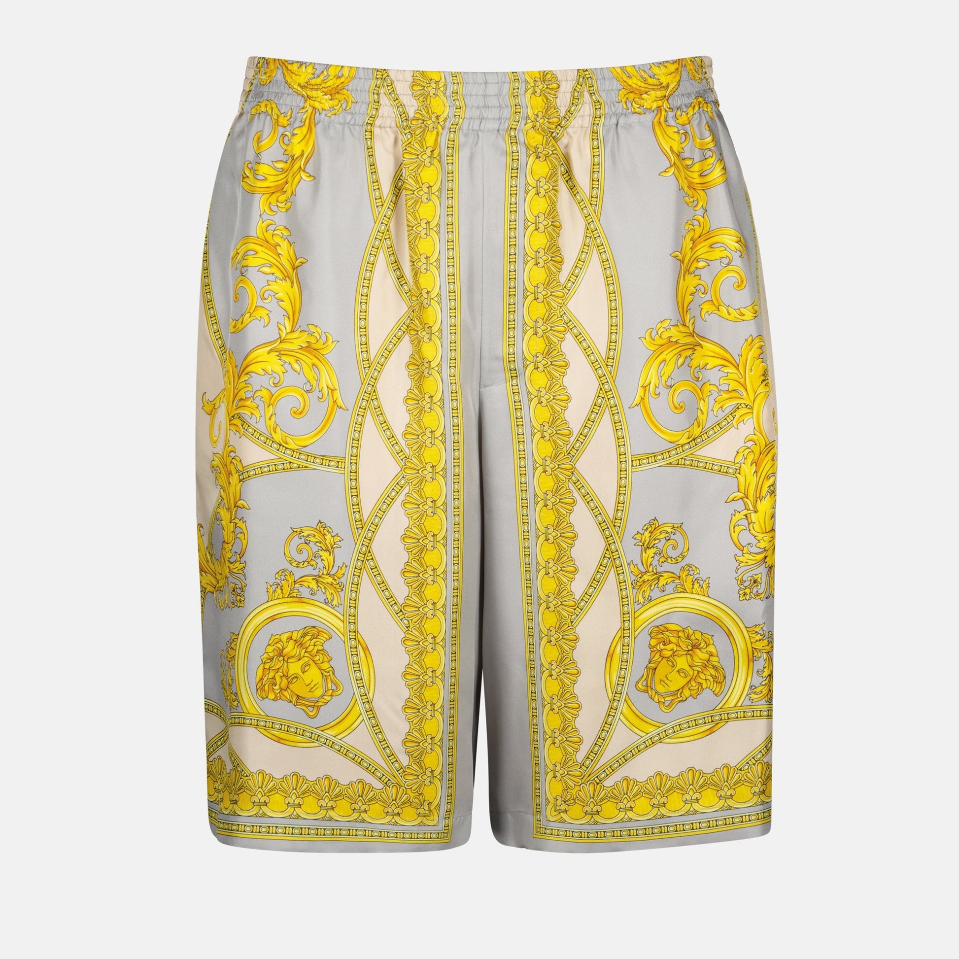 silk shorts, Greek mythology print, Autumn-Winter 2024, luxury menswear, premium silk