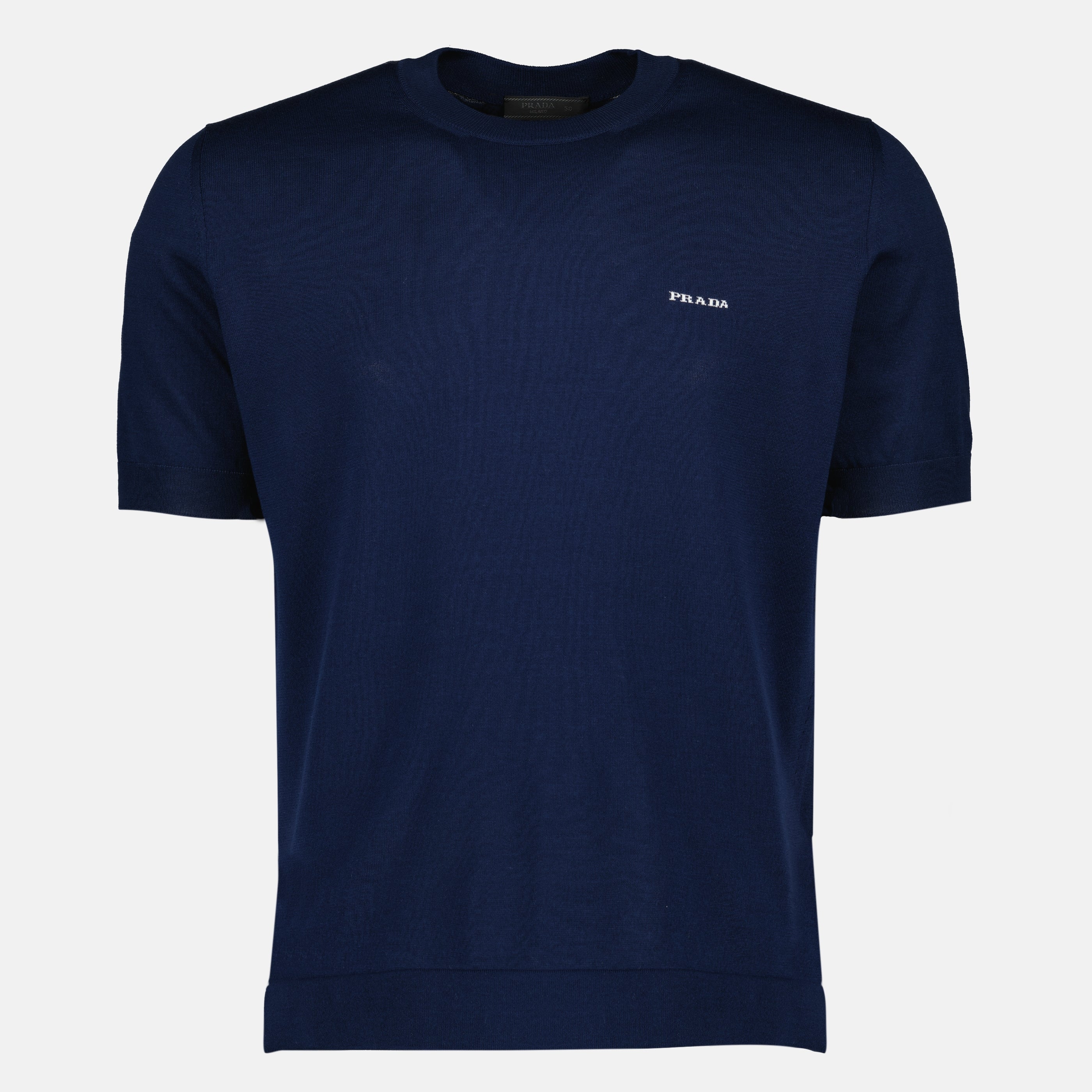 Image of Short Sleeve Blue Pullover by Prada for Men - Season Spring-Summer 2026 - Front View