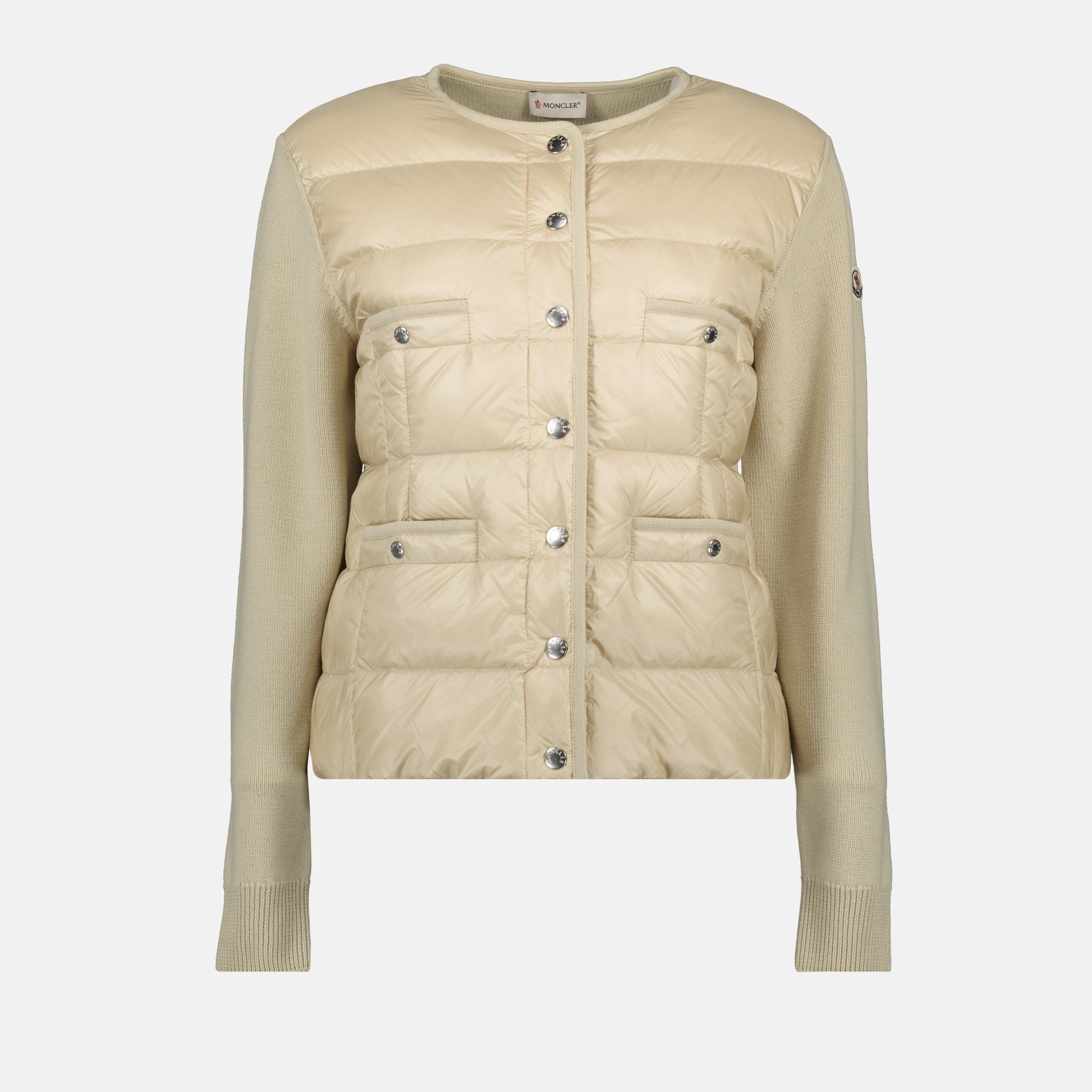 Moncler cardigan, beige quilted cardigan, Autumn-Winter 2025, women's knitwear, luxury outerwear