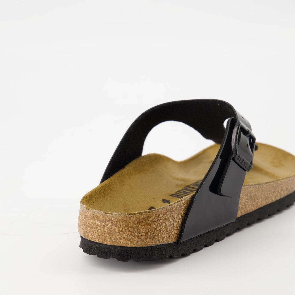 black flip-flops, patent leather sandals, comfortable footwear, adjustable fit sandals, lightweight flip-flops