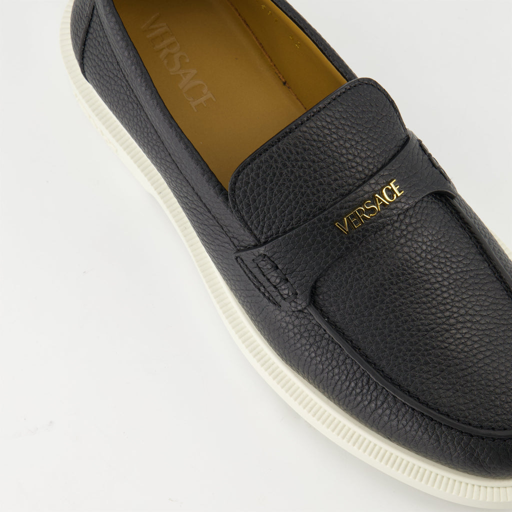 black leather moccasins, grained leather shoes, slip-on footwear, Versace design, Medusa emblem shoes