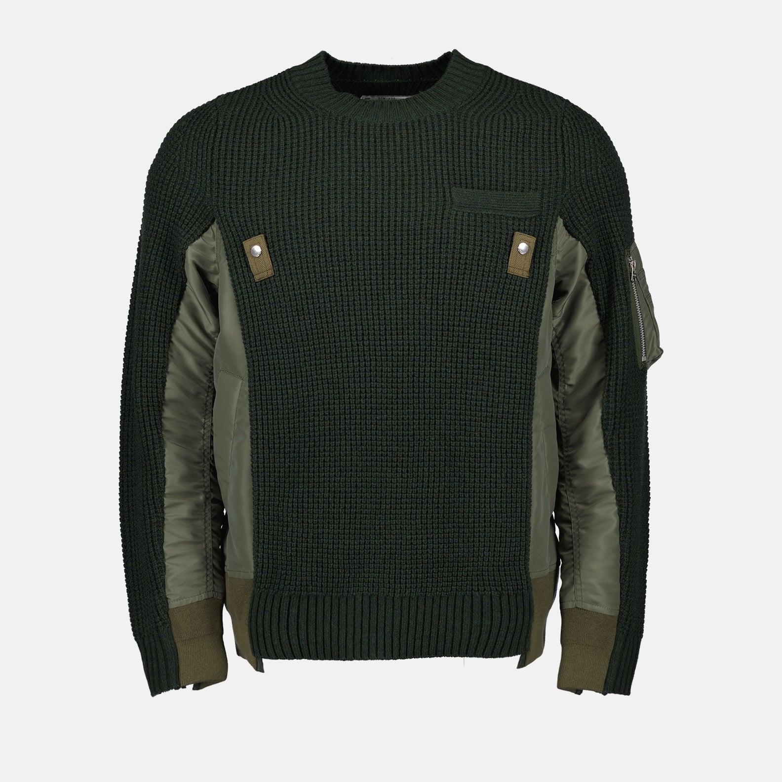 bi-material sweater, Sacai Autumn-Winter 2024, luxury fashion, elegant men's knitwear, green and blue sweater