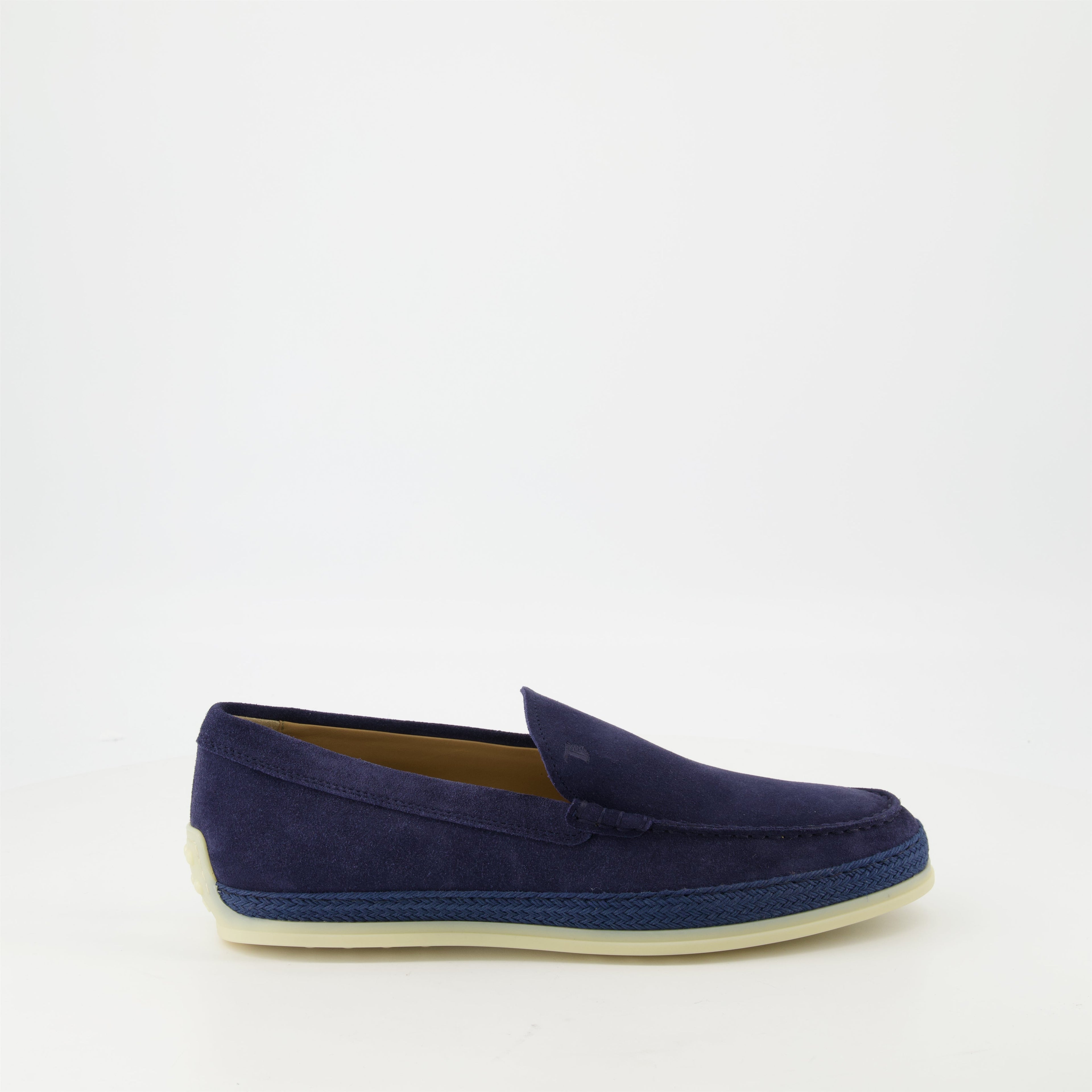 blue suede moccasins, slip-on shoes, gum sole, artisanal detail, contemporary footwear