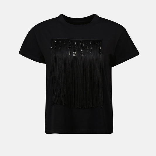 MM6 Numeric T-shirt, Black Fringed T-shirt, Cropped Cotton T-shirt, Designer T-shirts 2025, Chic Black Tops