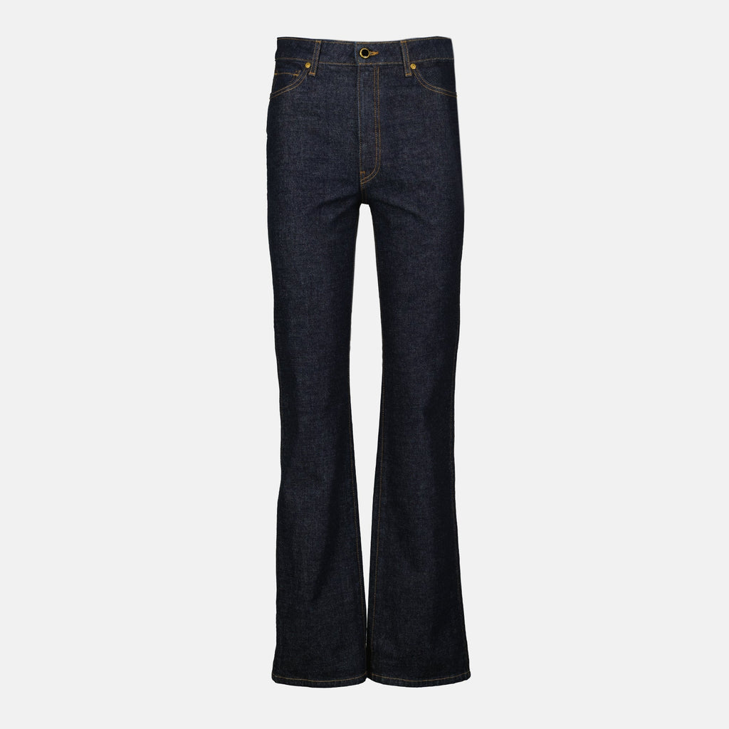 Khaite jeans, flare jeans, high-rise denim, deep blue jeans, five-pocket design