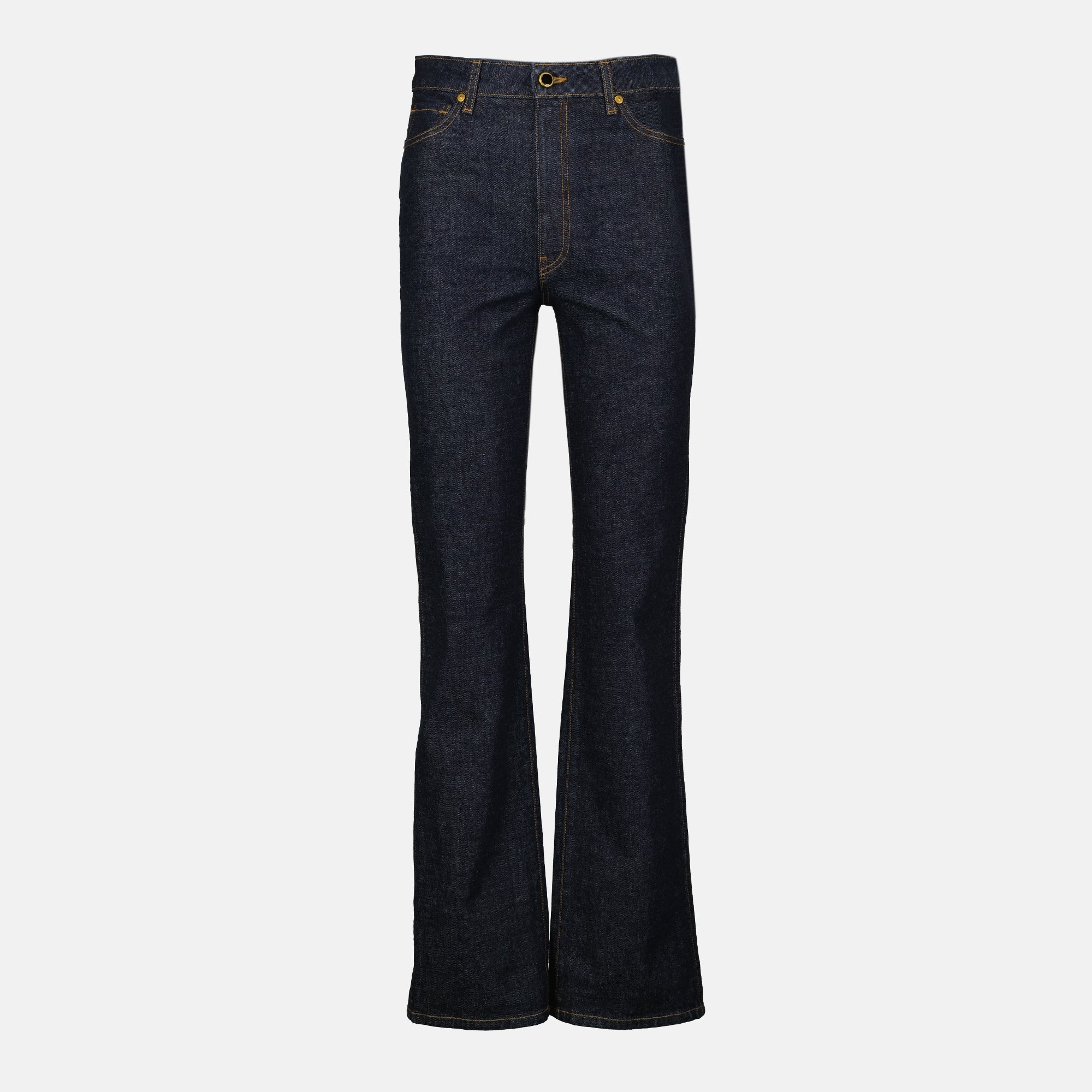 Khaite jeans, flare jeans, high-rise denim, deep blue jeans, five-pocket design
