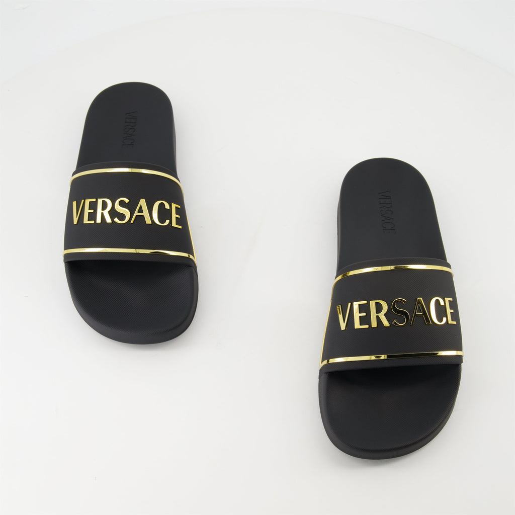 gold logo slides, Versace slides, comfortable rubber footwear, contemporary slides, stylish casual footwear