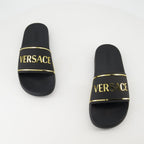 gold logo slides, Versace slides, comfortable rubber footwear, contemporary slides, stylish casual footwear