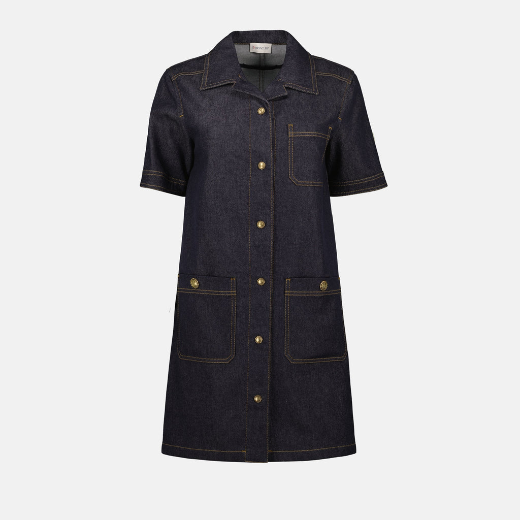 denim shirt dress, Moncler dress, navy blue dress, women's fashion, casual dress