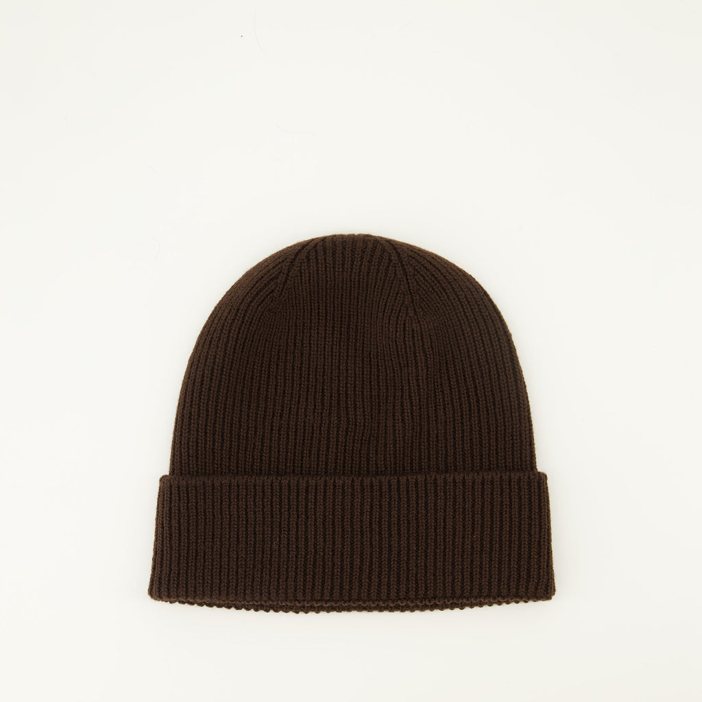Moncler beanie, brown wool hat, ribbed knit beanie, Autumn-Winter accessory, felt logo hat