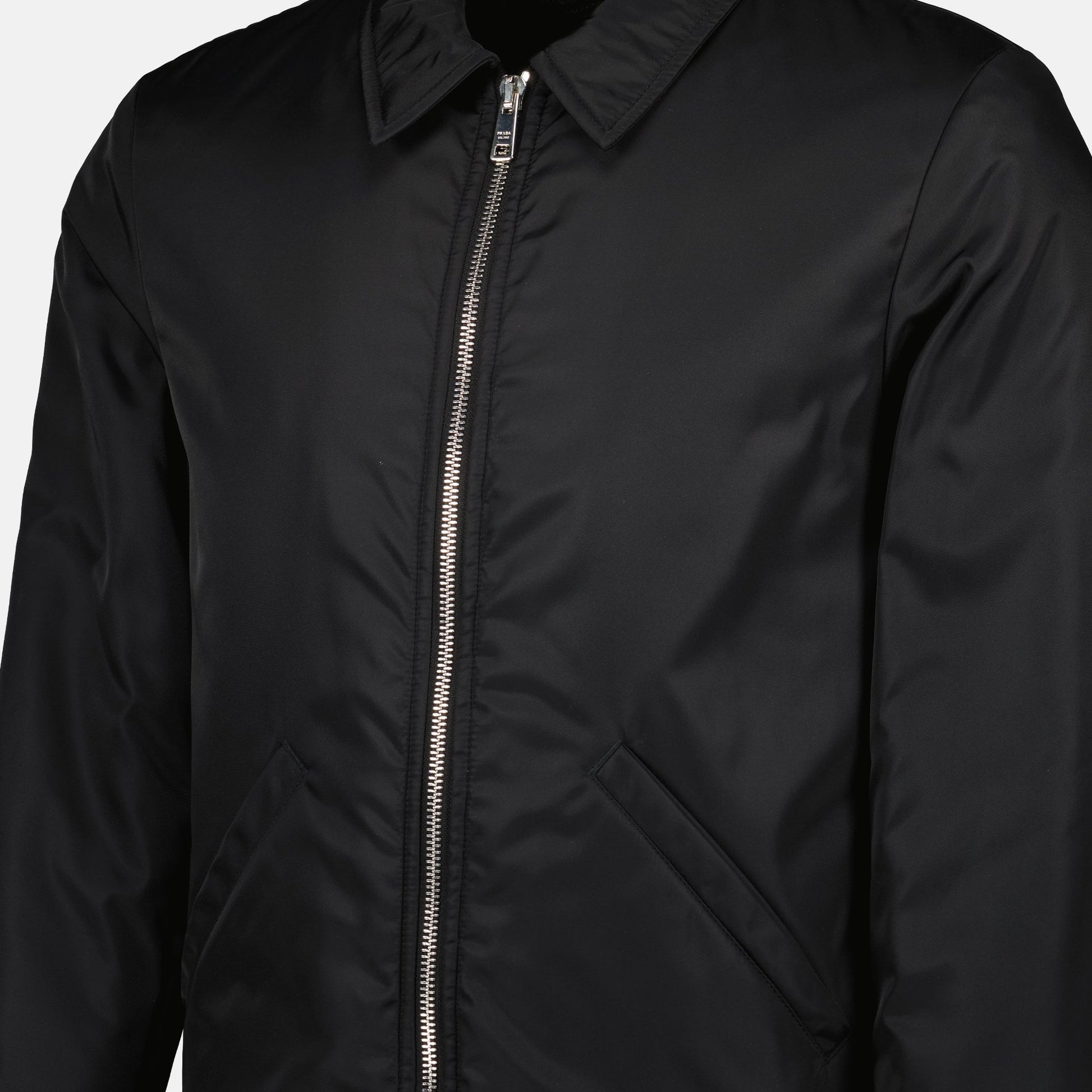 Prada bomber, black nylon jacket, classic collar jacket, Spring-Summer 2024, men's fashion