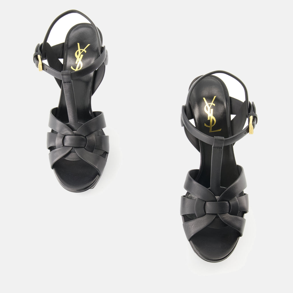 black heeled sandals, saint laurent sandals, elegant footwear, adjustable ankle strap sandals, platform heeled sandals