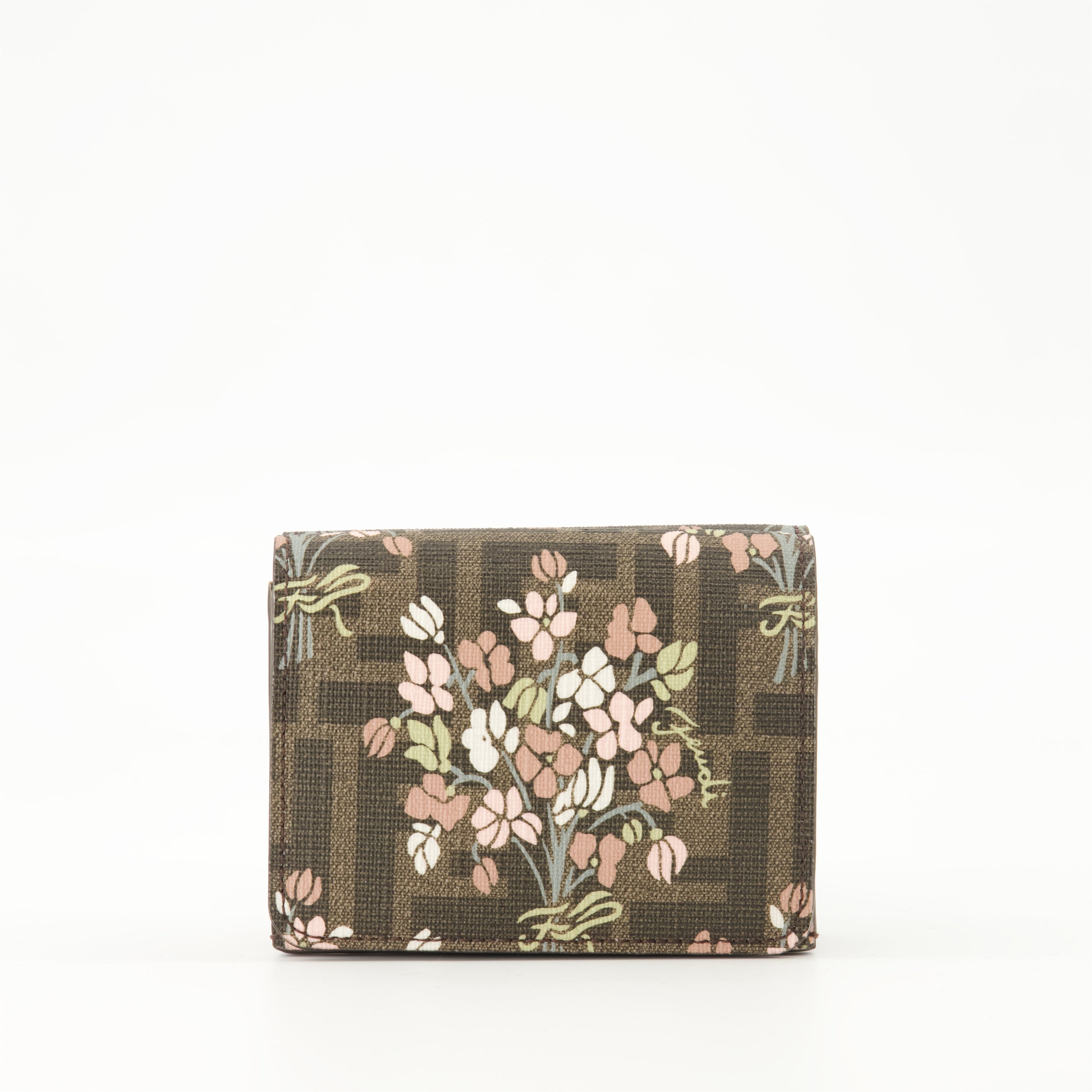 Fendi Roma Wallet, Grained Leather Wallet, Fendi Accessories, Flower Bouquet Print Wallet, Elegant Brown Wallet