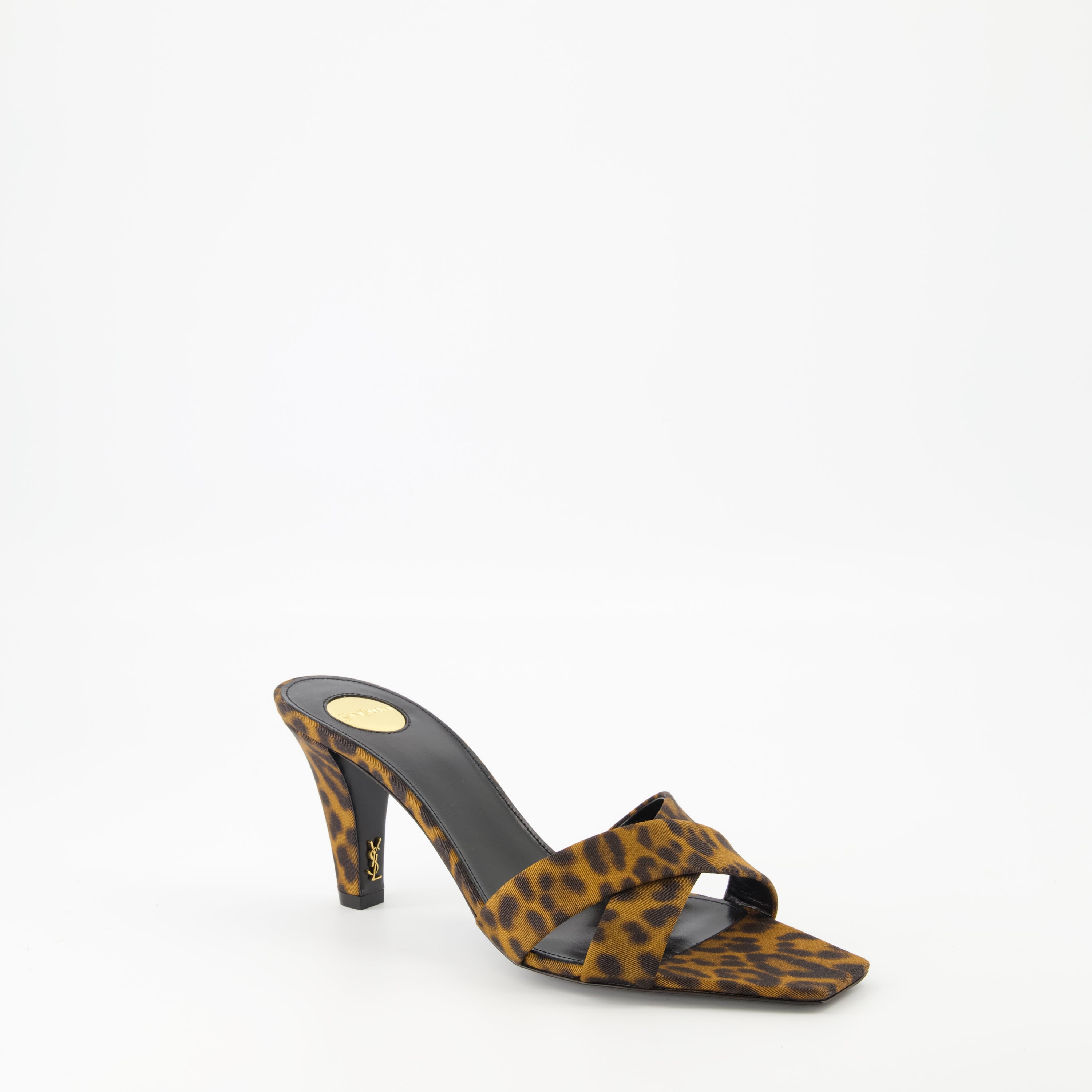 Image of Jill Leopard Print Heeled Sandals by Saint Laurent for Women - Season Spring-Summer 2025 - Front Right Three-Quarter View