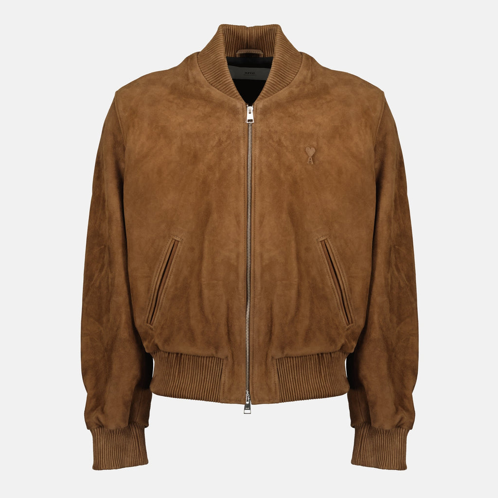 brown suede bomber jacket, AMI Paris, autumn-winter fashion, stylish outerwear, versatile jacket