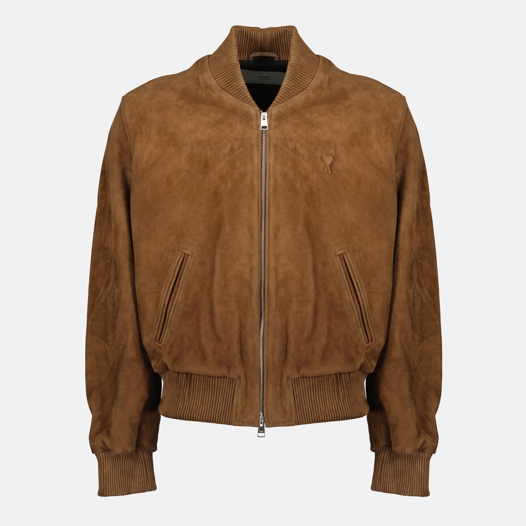 brown suede bomber jacket, AMI Paris, autumn-winter fashion, stylish outerwear, versatile jacket