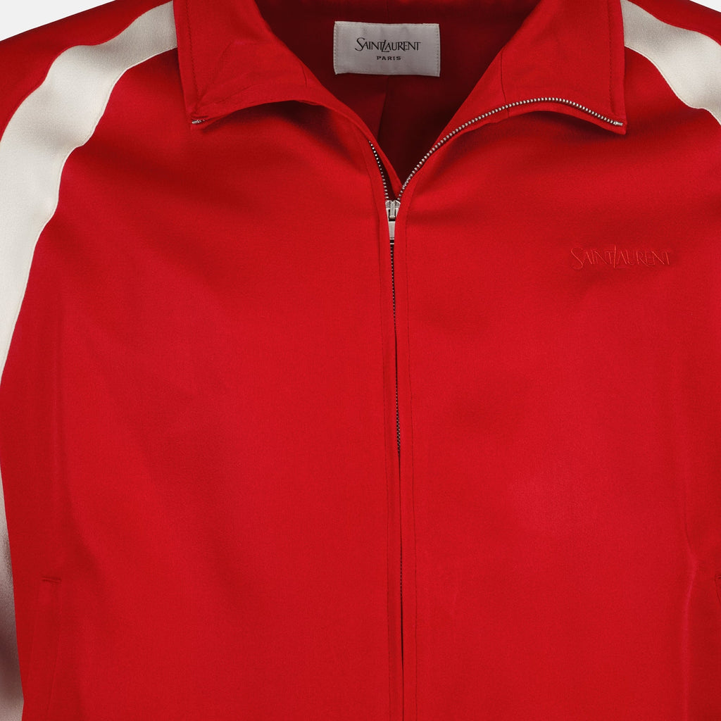 Imagen de la chaqueta teddy de satén rojo de Saint Laurent para hombres - Temporada Primavera-Verano 2025 - Vista de detalle 5