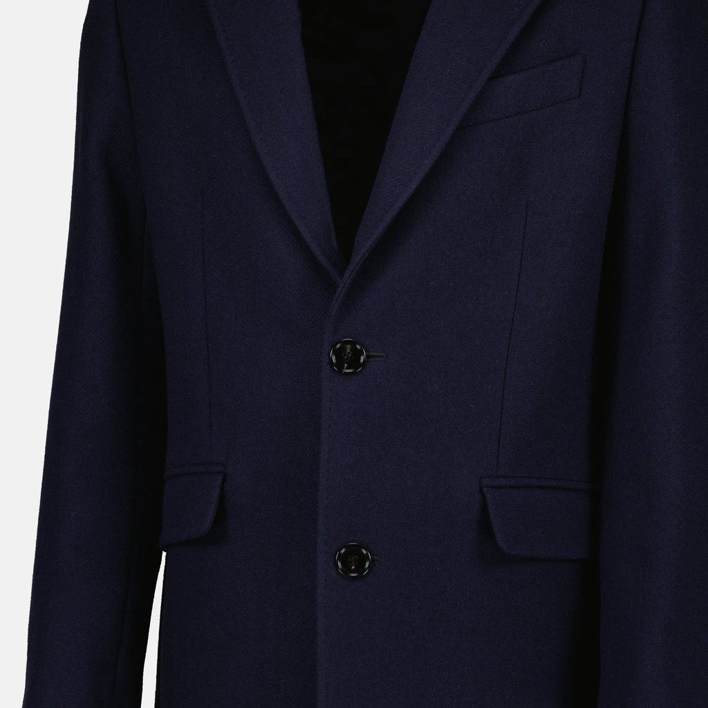 Image of Navy Wool Long Coat by Ami PARIS for Men - Season Autumn-Winter 2024 - Detail View 5