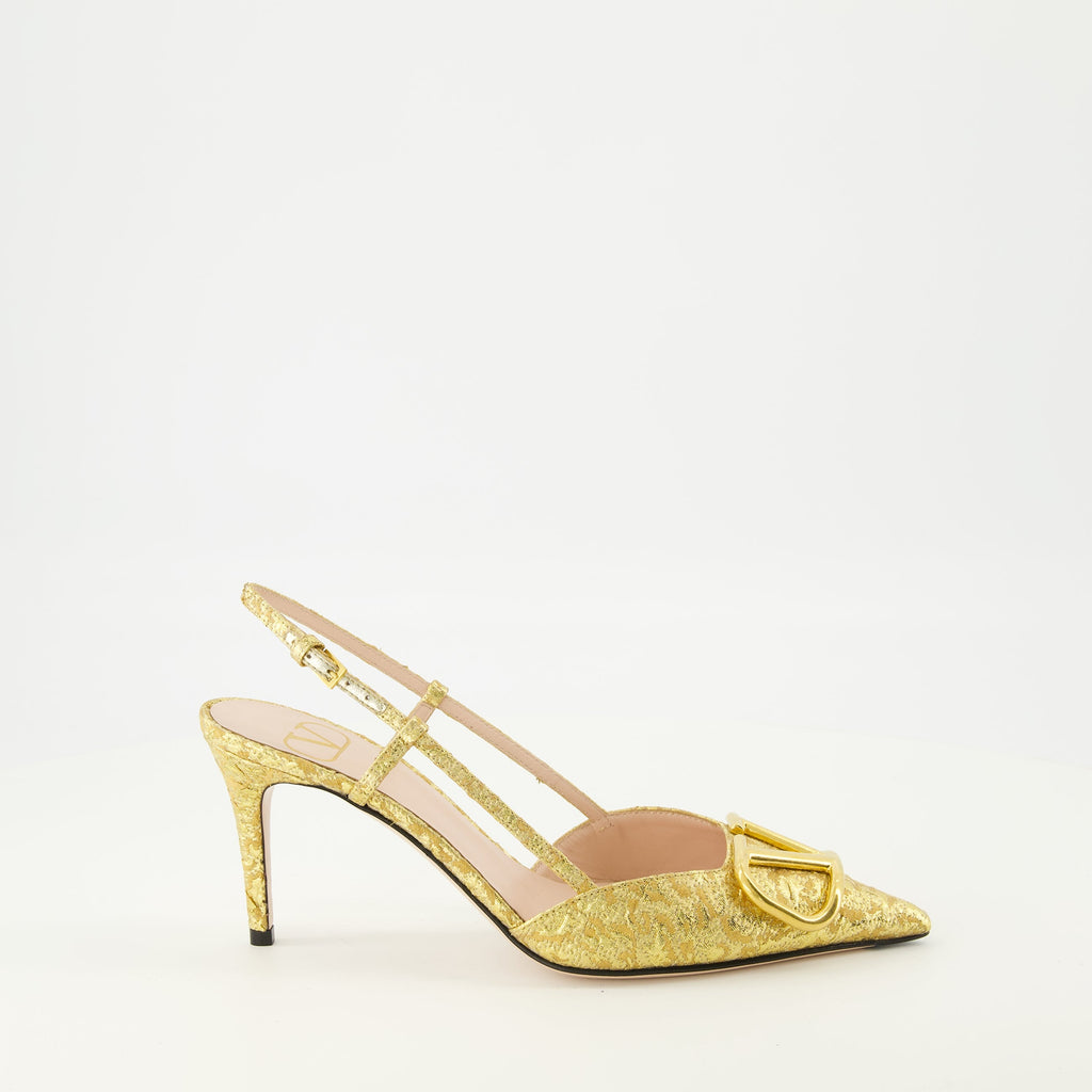Valentino pumps, gold fabric shoes, Vlogo signature footwear, elegant ankle strap pumps, spring-summer collection
