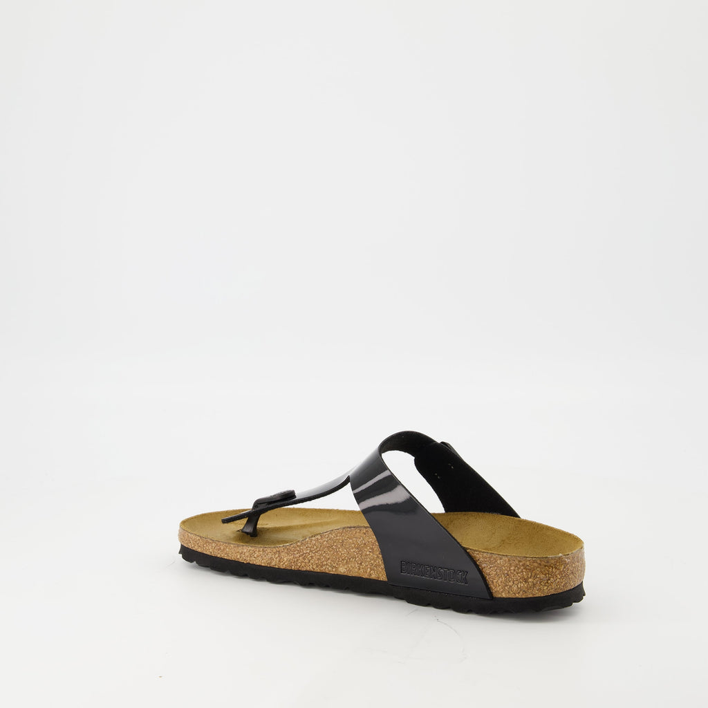 black flip-flops, patent leather sandals, comfortable footwear, adjustable fit sandals, lightweight flip-flops