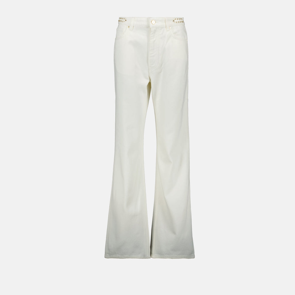 white jeans, straight cut jeans, Rabanne fashion, high-quality cotton denim, women's denim collection