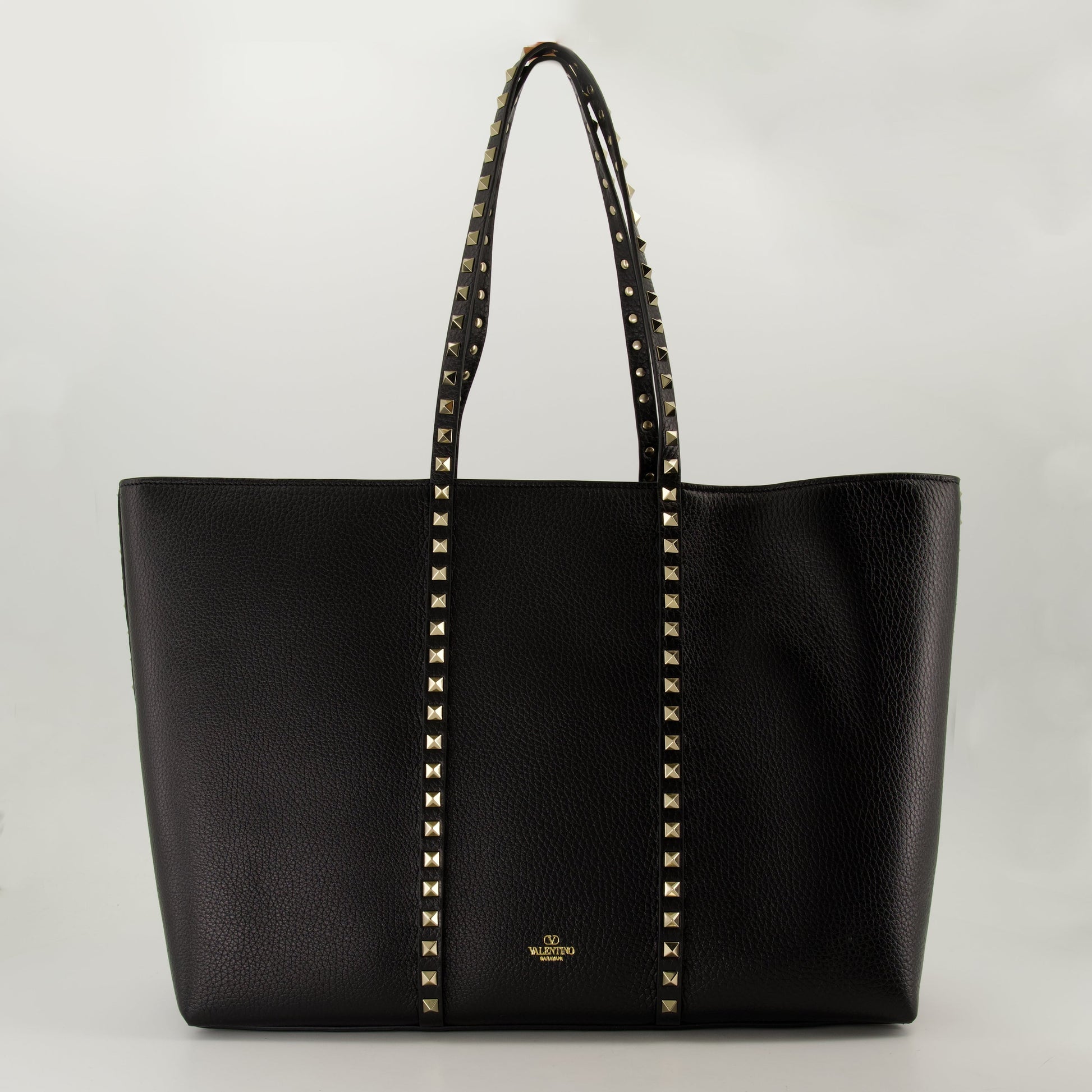 black leather tote, metal studs bag, calf leather handbag, platinum Rockstud, designer tote bag