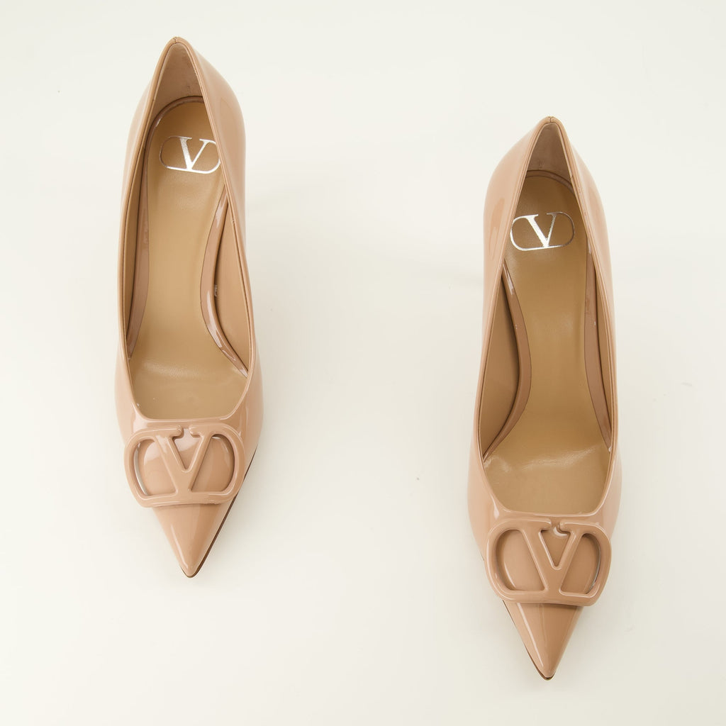 Beige Patent Leather VLogo Pumps