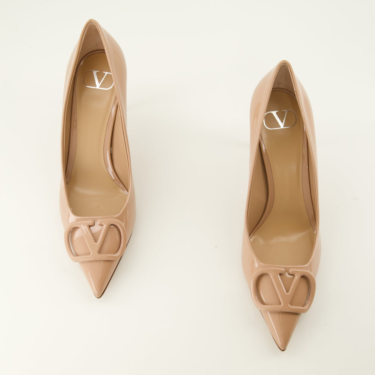 Beige Patent Leather VLogo Pumps