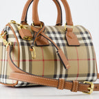 beige check bag, Burberry bowling bag, vintage print handbag, leather handle bag, designer handbag