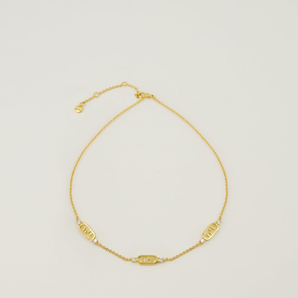 Fendi necklace, O'lock jewelry, golden necklace, brass accessories, crystal necklace