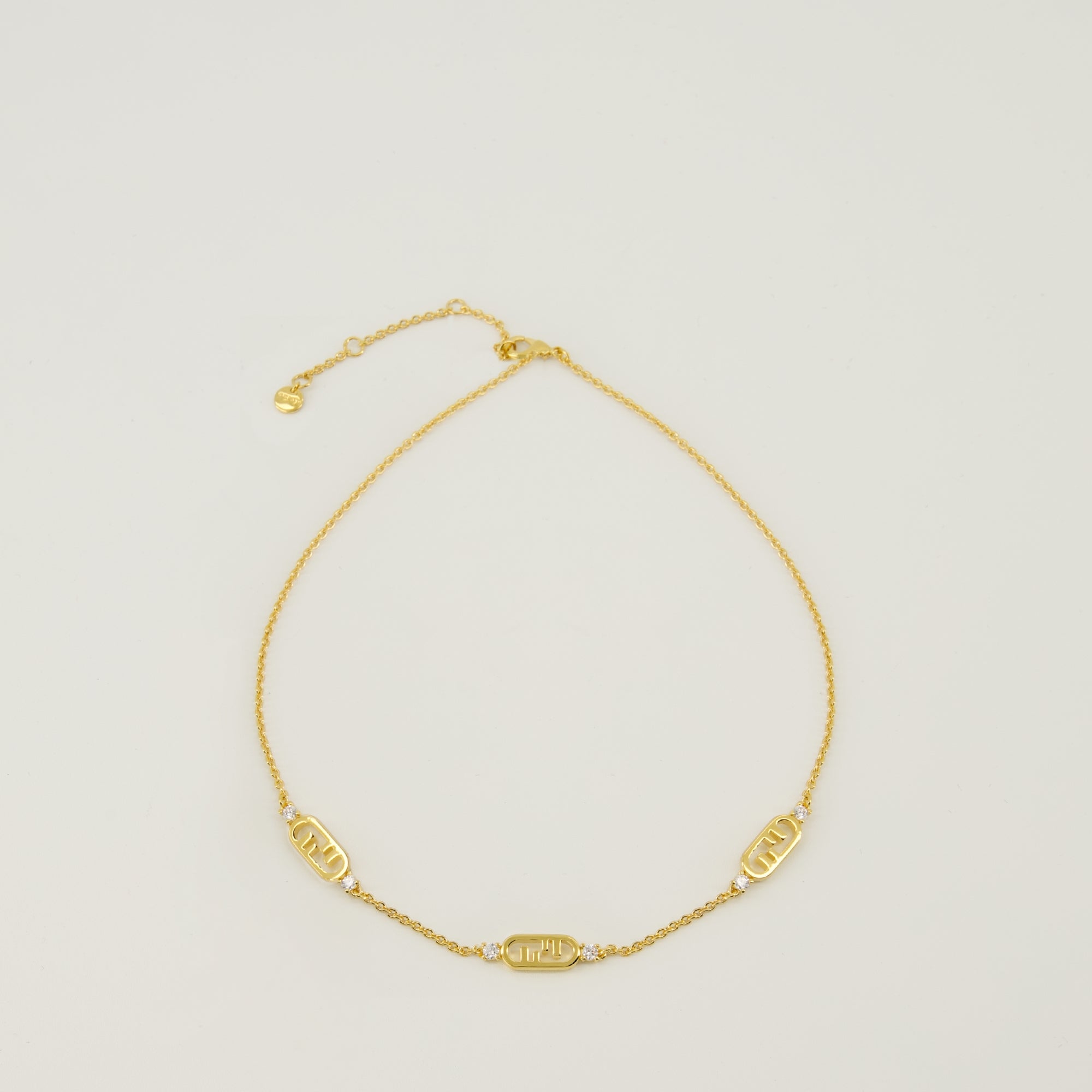 Fendi necklace, O'lock jewelry, golden necklace, brass accessories, crystal necklace