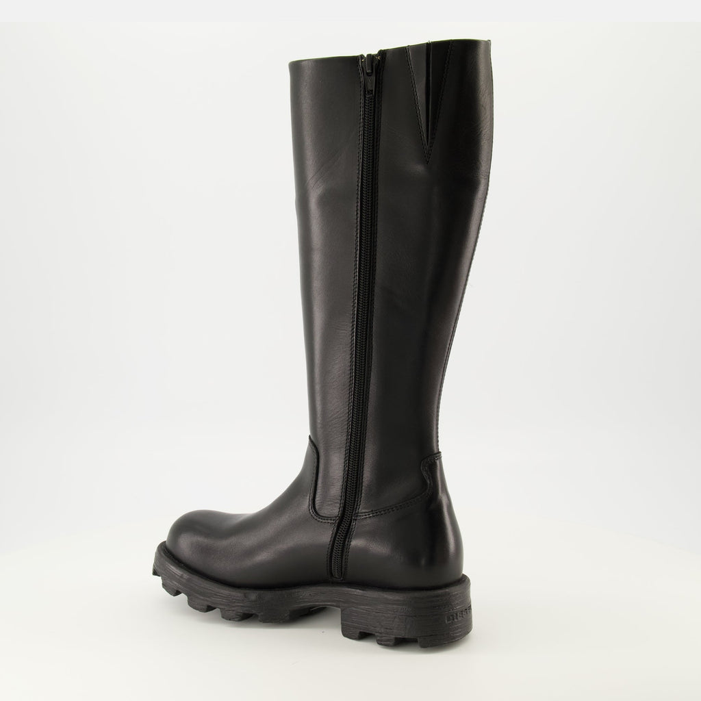 Diesel D-Hammer Boots, black leather boots, knee-high footwear, women's boots, Fall-Winter 2025 collection