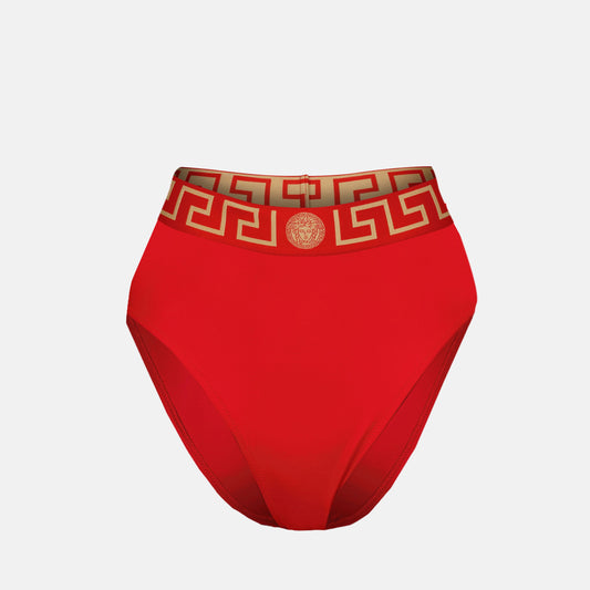 Medusa Greca bikini, high-waist swimwear, Versace bikini bottom, red bikini, designer swimwear