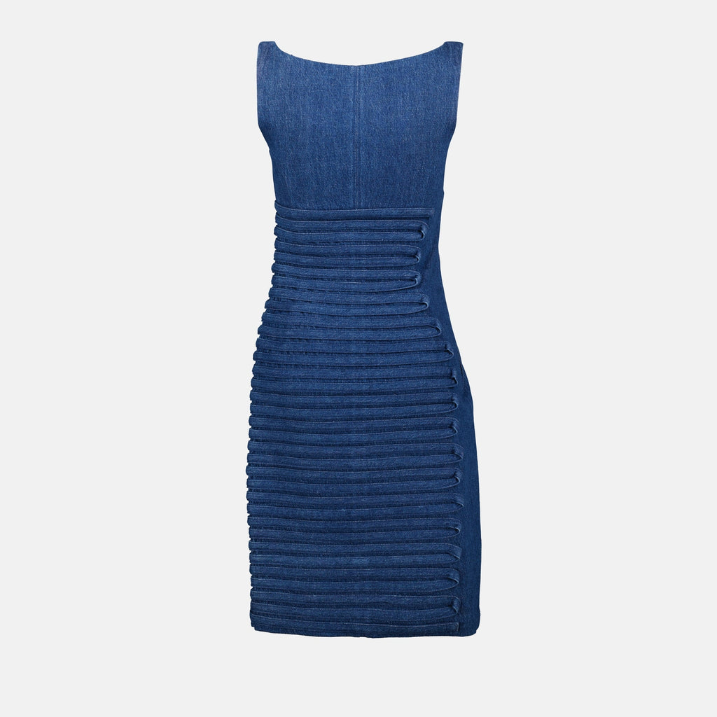 Denim dress, Versace, summer fashion, casual elegance, fitted dress