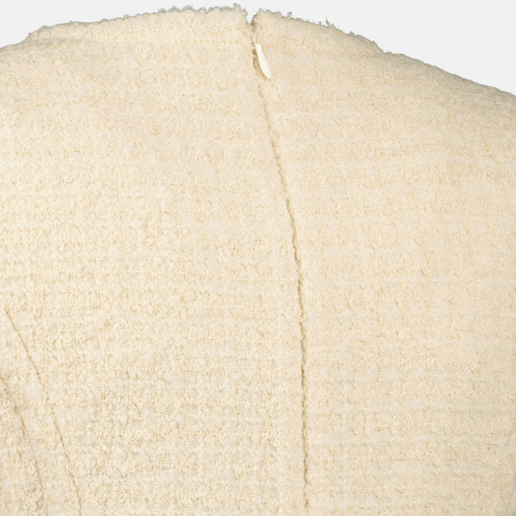 Patou dress, tweed dress, ruffled hem dress, beige dress, short dress